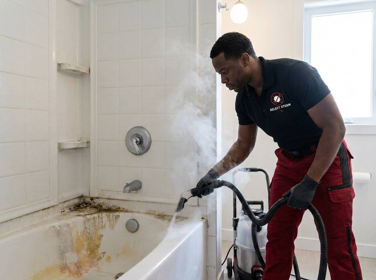 Select Steam technician steam-cleaning a bathtub and tile in uniform