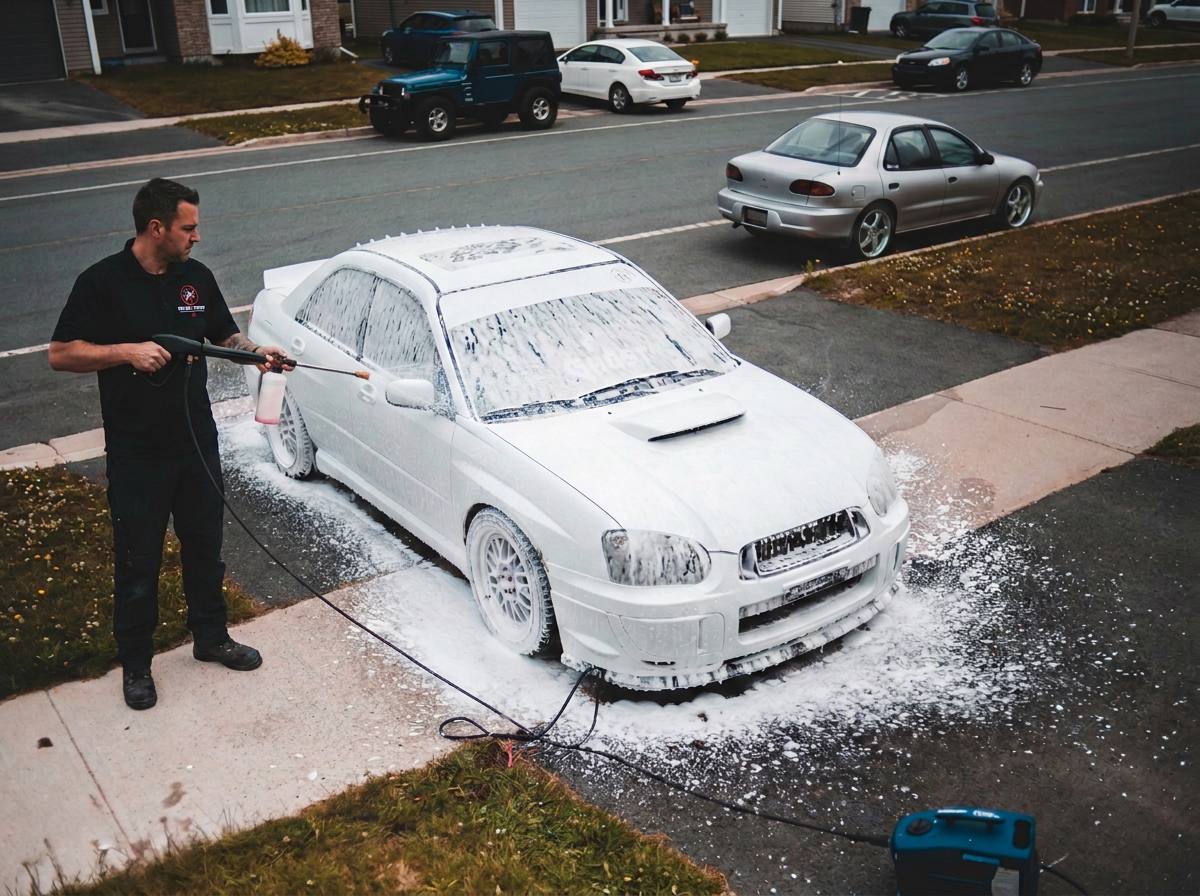 Car receiving a professional foam wash and exterior detail
