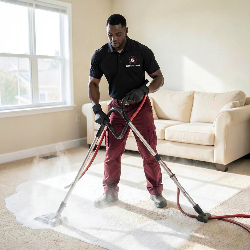 Select Steam technician steam cleaning a residential carpet