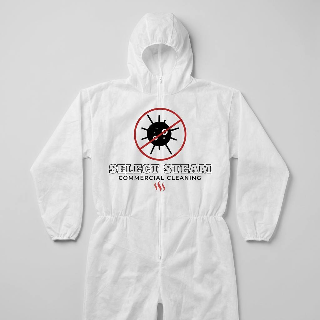 White hooded Select Steam sanitizing cover suit with the logo on the chest