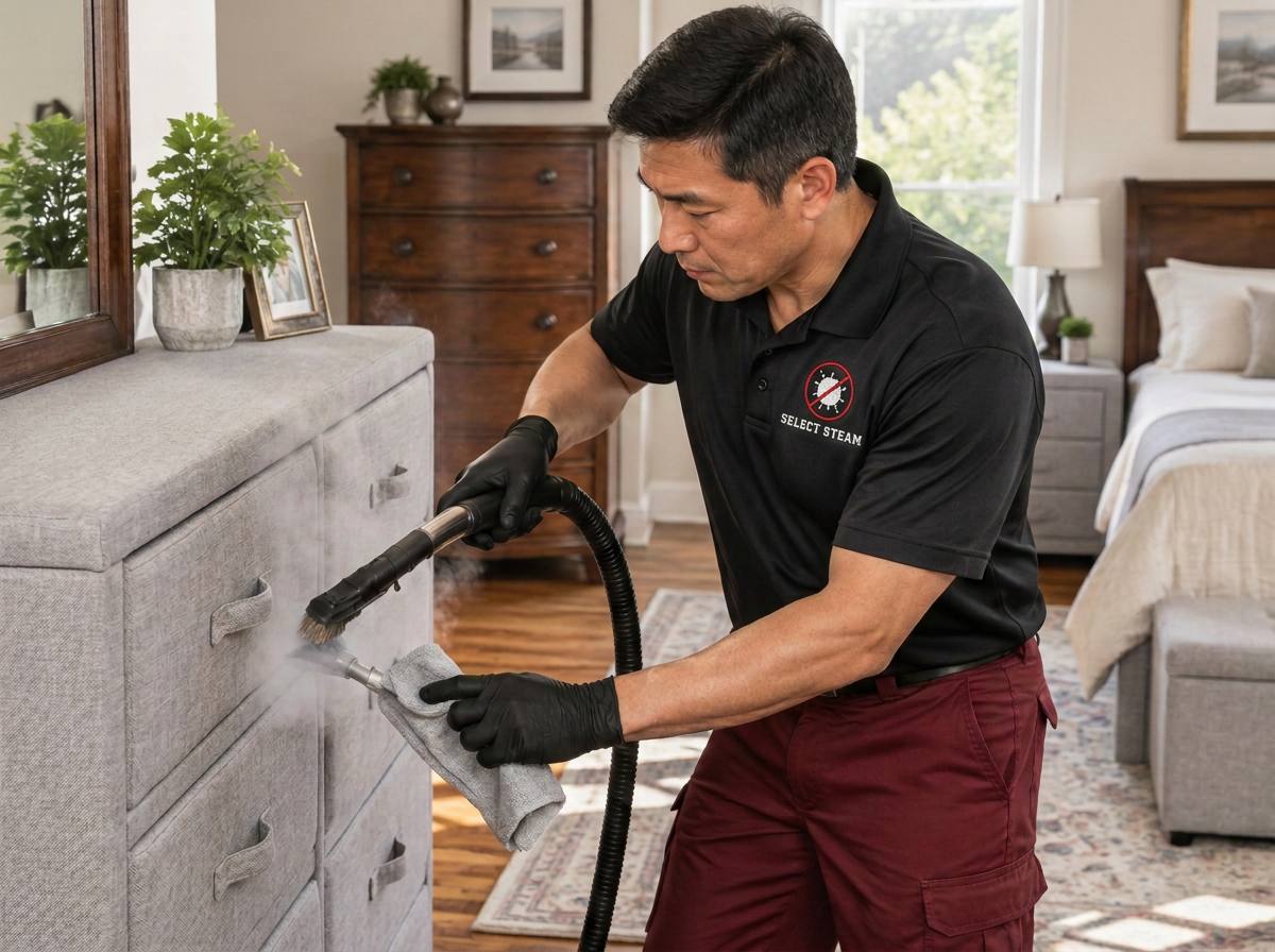 Select Steam technician in uniform steam-cleaning a wooden dresser