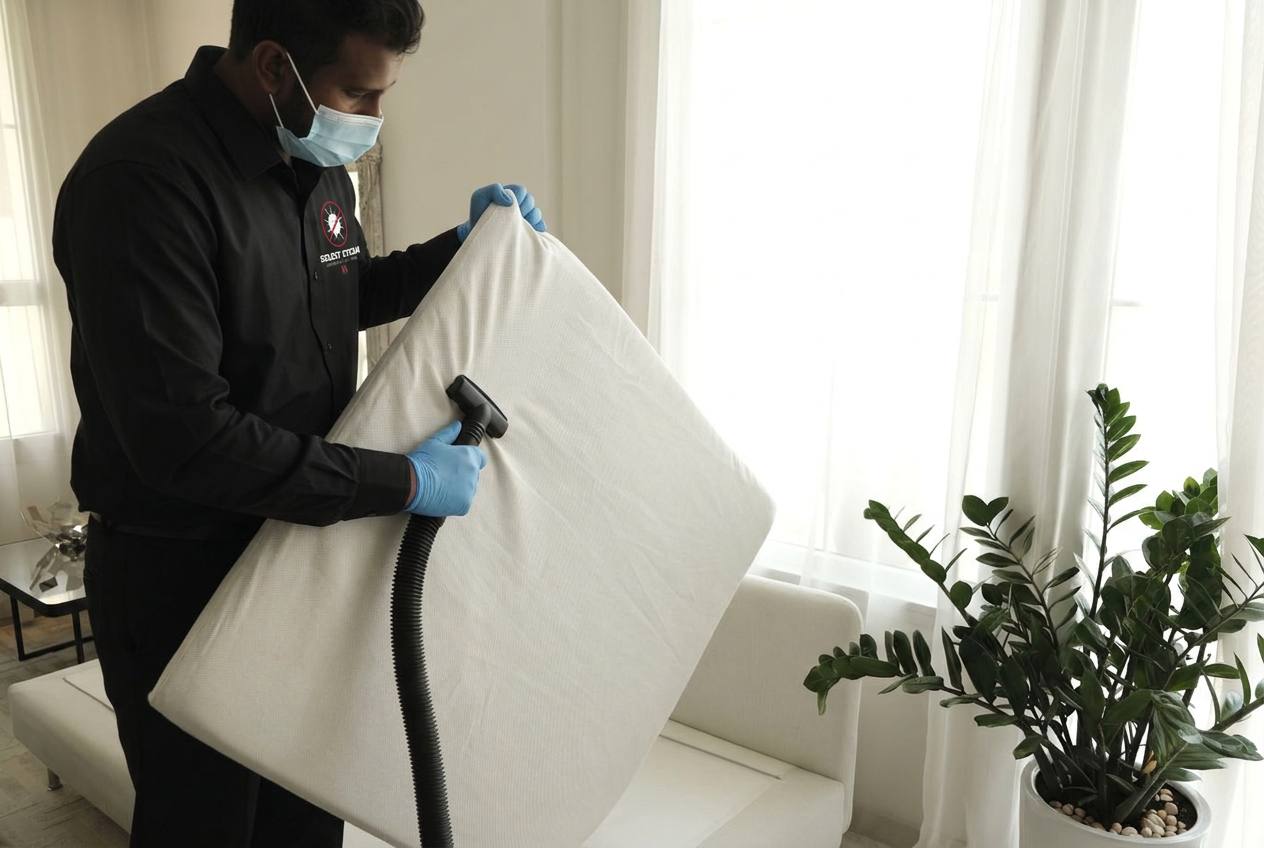 Professional cleaner vacuuming a mattress