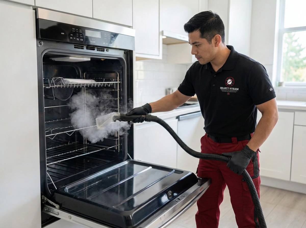 Select Steam technician steam-cleaning the inside of an oven