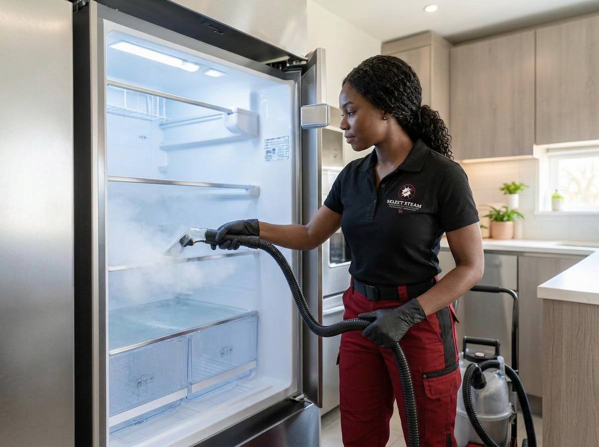 Select Steam technician steam-cleaning a refrigerator interior
