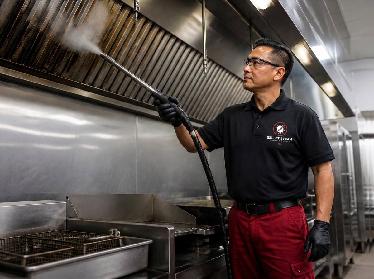 Select Steam technician in uniform steam-cleaning a restaurant exhaust hood