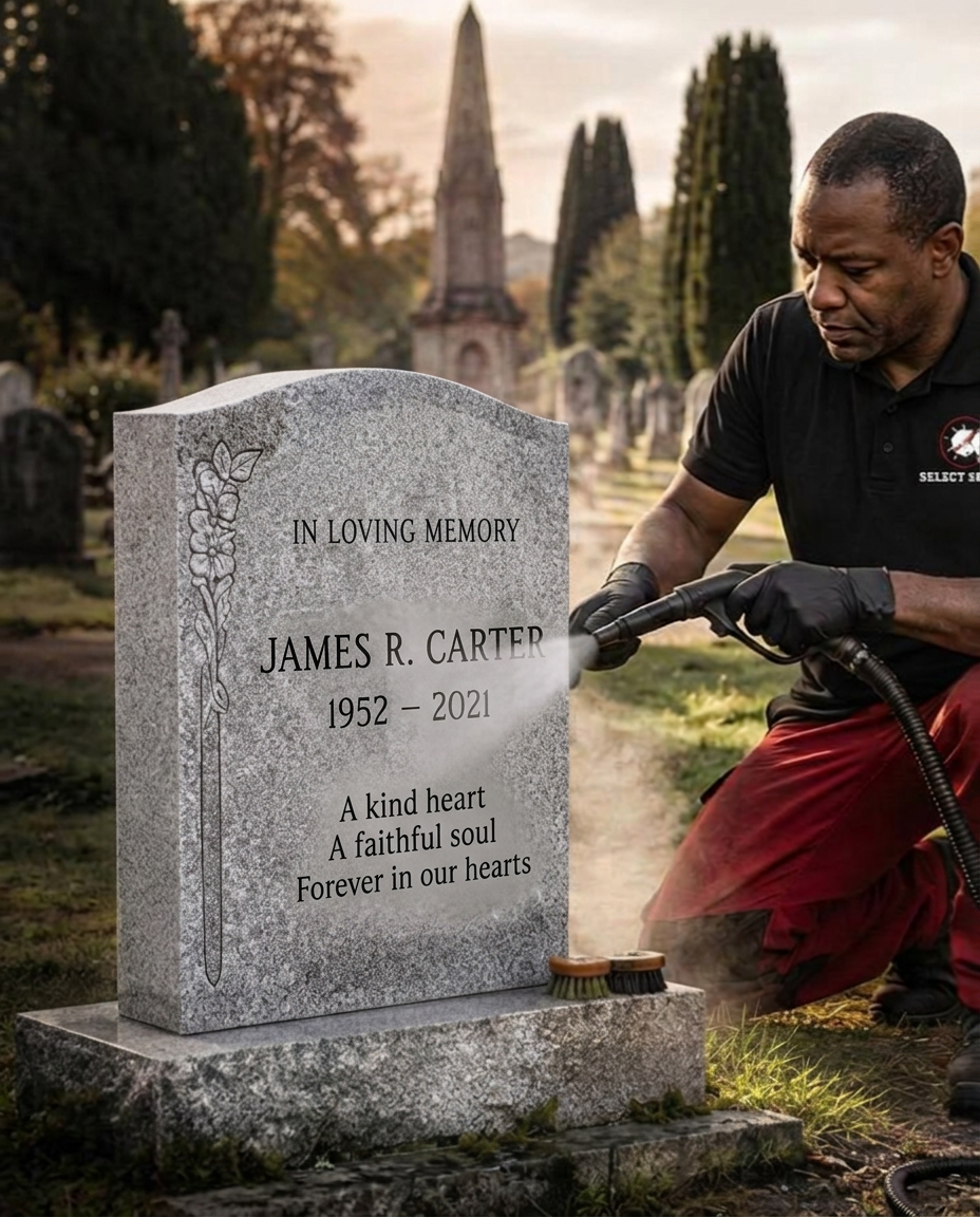 Workers carefully cleaning cemetery headstones