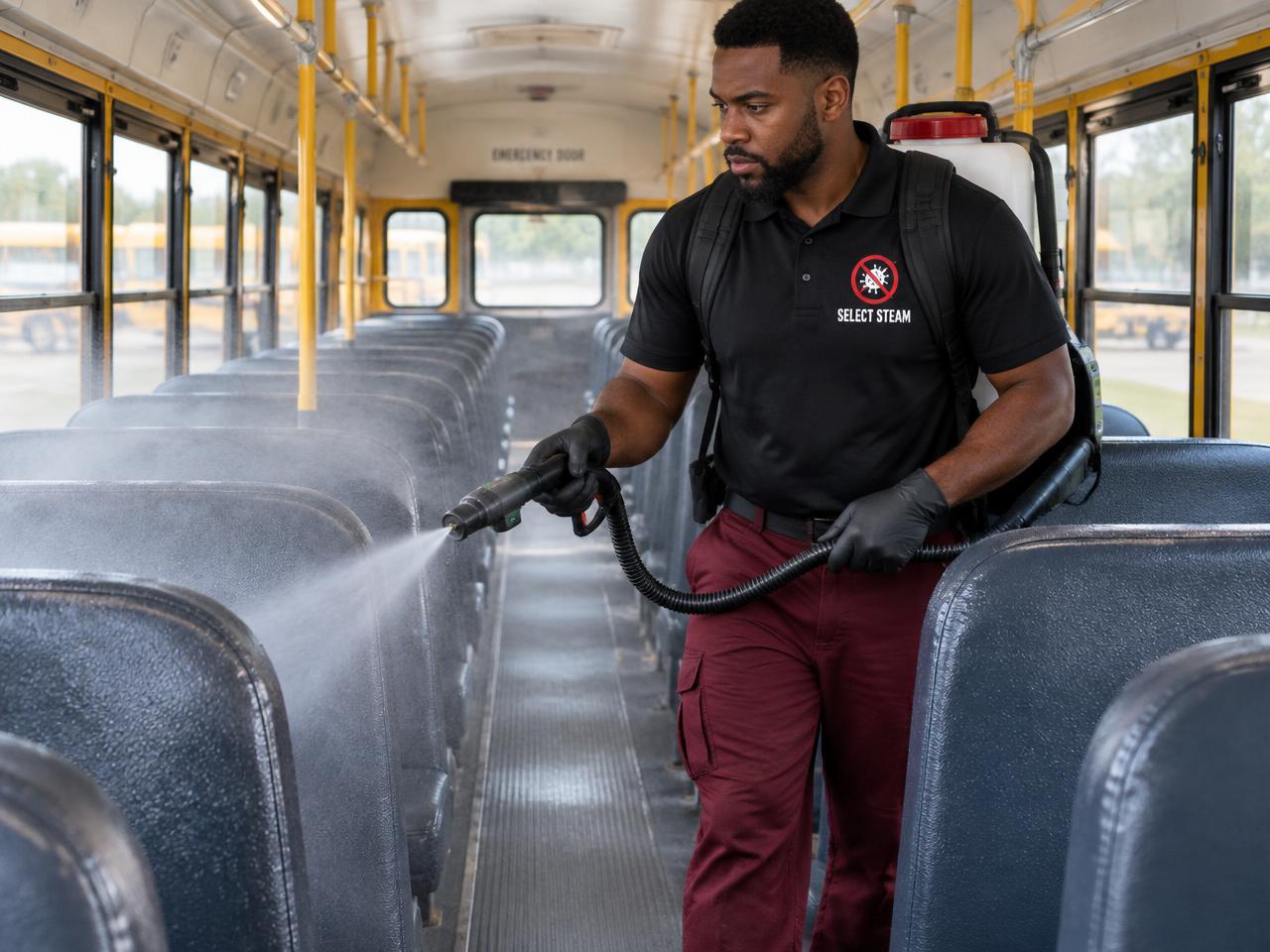 Select Steam technician in uniform sanitizing the interior of a yellow school bus with a backpack sprayer