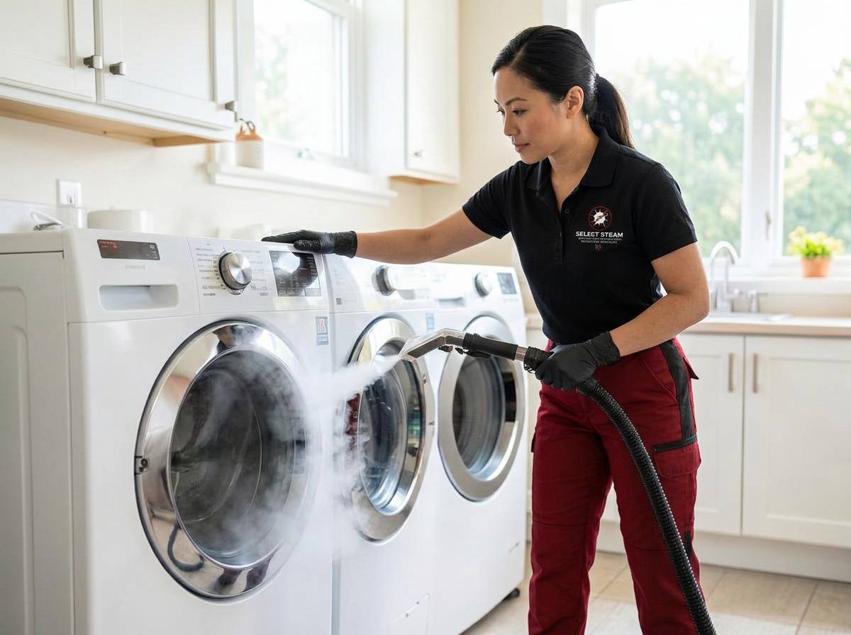 Select Steam technician cleaning a washer and dryer set