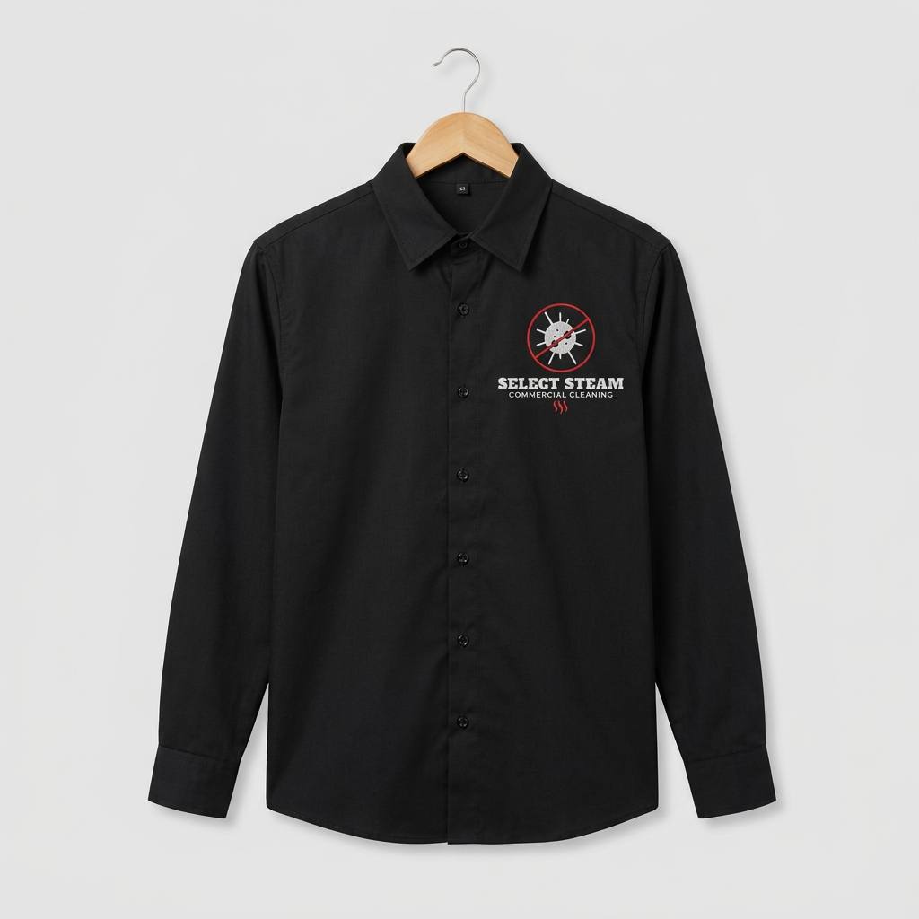 Black Select Steam long-sleeve button-up work shirt on a hanger